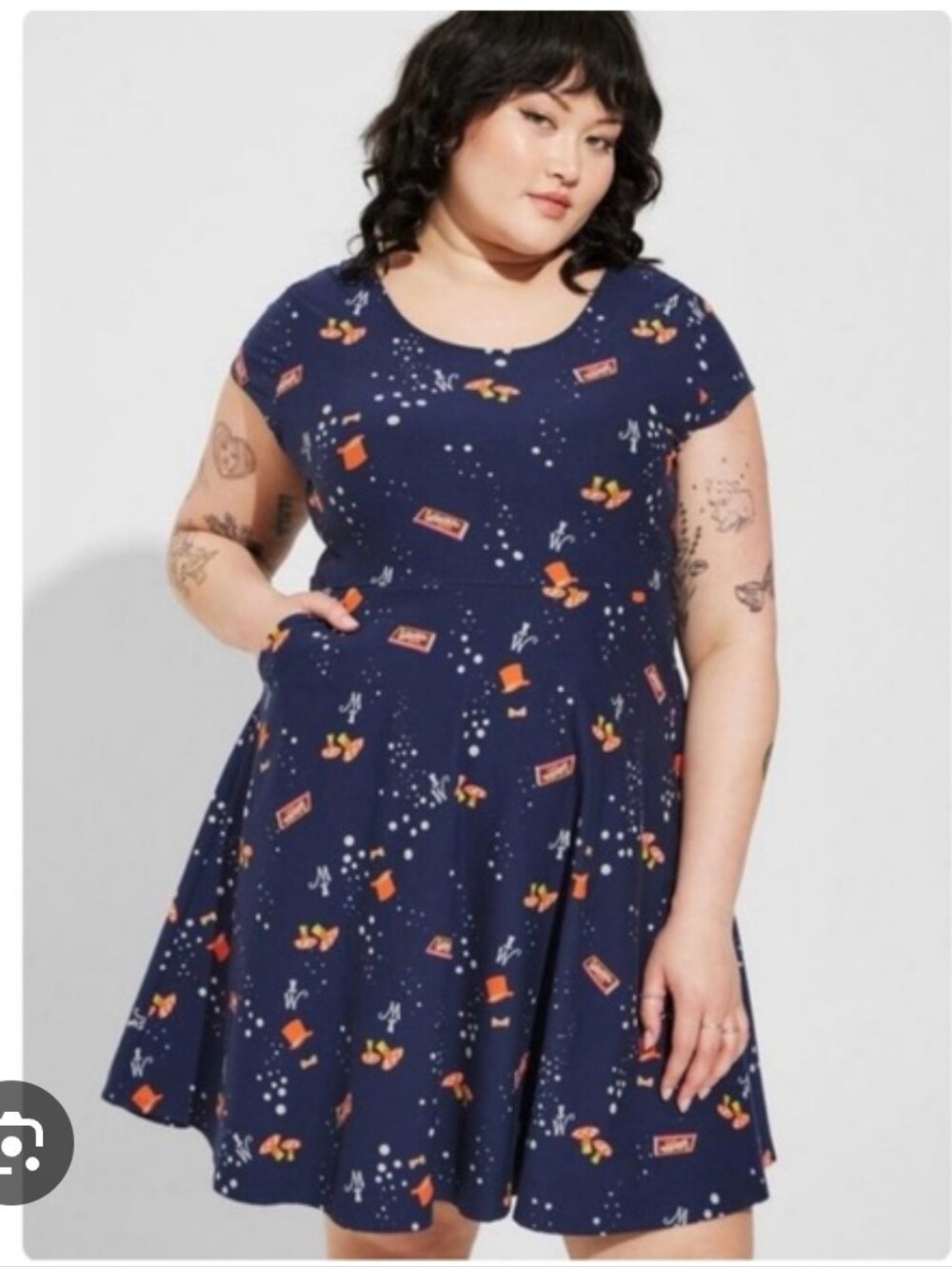 Navy Blue Crisscross Back A-Line Dress with Orange Accents